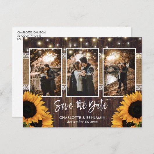 Rustikales Country Wood Sunflower Foto Save the Da Ankündigungspostkarte (Vorne/Hinten)