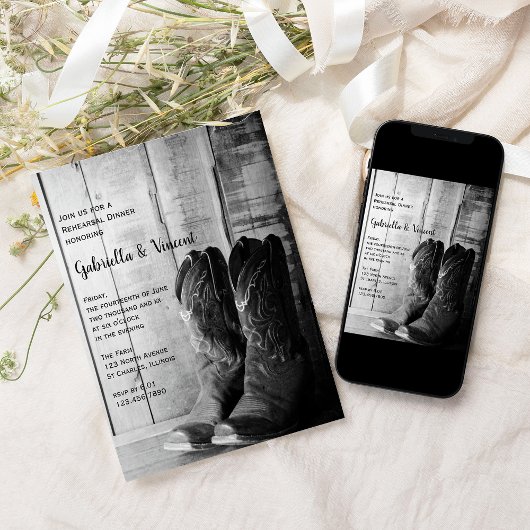 Rustikales Cowboy Boots Hochzeit Probe Dinner Einladung