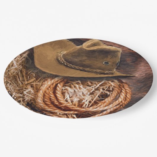 Rustikales Cowboy Hat Rope Hay Foto Pappteller (Schrägansicht)
