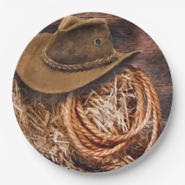 Rustikales Cowboy Hat Rope Hay Foto Pappteller