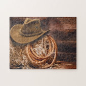 Rustikales Cowboy Hat Rope Hay Foto Puzzle (Horizontal)