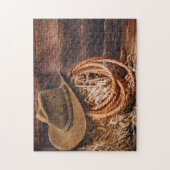 Rustikales Cowboy Hat Rope Hay Foto Puzzle (Vertikal)