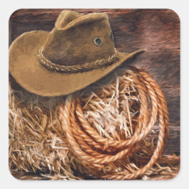 Rustikales Cowboy Hat Rope Hay Foto Quadratischer Aufkleber