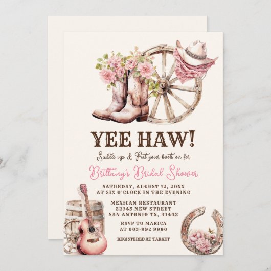 Rustikales Cowgirl Boot Floral Western Brautparty Einladung (Vorne/Hinten)