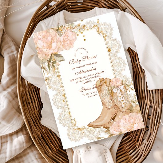 Rustikales Cowgirl Boots Floral Baby Shower Folieneinladung