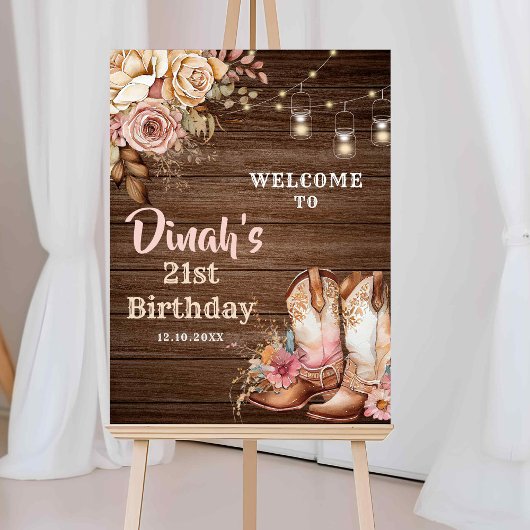 Rustikales Cowgirl Boots Floral Geburtstag Begrüßu Poster