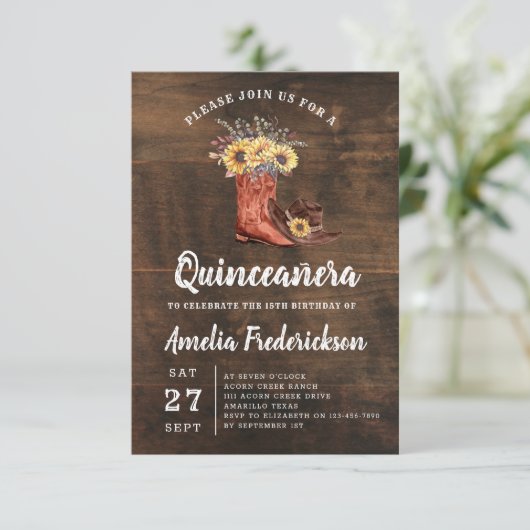 Rustikales Cowgirl Boots Quinceanera Einladung (Stehend Vorderseite)