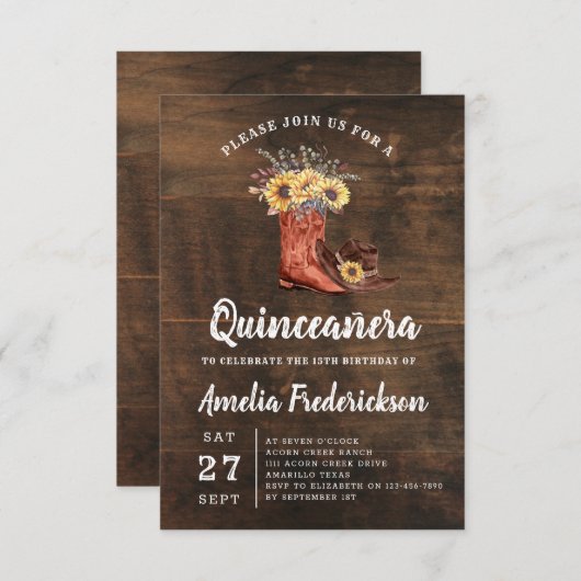 Rustikales Cowgirl Boots Quinceanera Einladung (Vorne/Hinten)