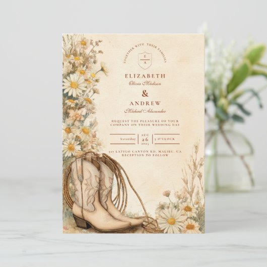 Rustikales Cowgirl Boots Wildblume Wedding Einladung (Stehend Vorderseite)