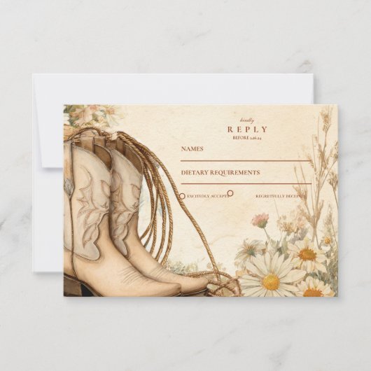 Rustikales Cowgirl Boots Wildblume Wedding RSVP Karte (Vorderseite)