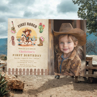 Rustikales Cowgirl First Rodeo 1. Geburtstag Foto Einladung