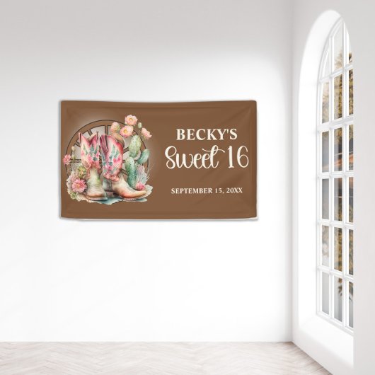 Rustikales Cowgirl Stiefel Pink Roses Sweet 16 Banner