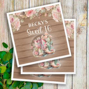 Rustikales Cowgirl Stiefel Pink Roses Sweet 16 Serviette