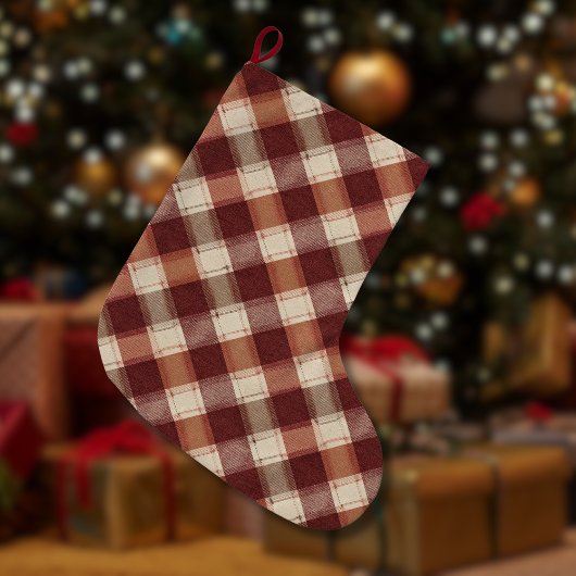 Rustikales Creme-Orange-Rostrot-Karomuster Großer Weihnachtsstrumpf