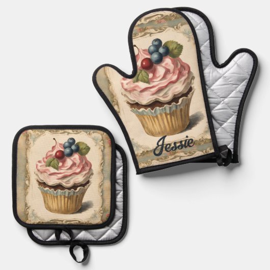 Rustikales Cupcake Baker Koch Backen Ofenhandschuh & Topflappen-Set (Vorderseite/Rückseite)