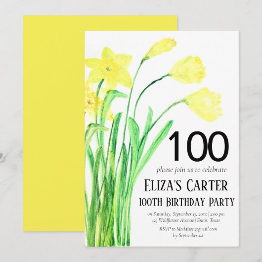 Rustikales Daffodil 100. Floral Elegant Geburtstag Einladung (Vorne/Hinten)