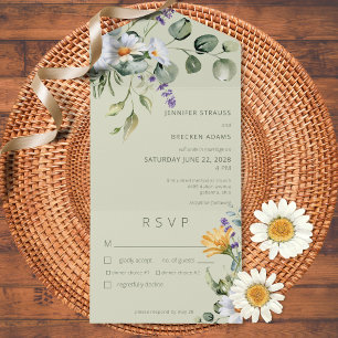 Rustikales Daisy & Lavender Floral Sage Green Dinn All In One Einladung