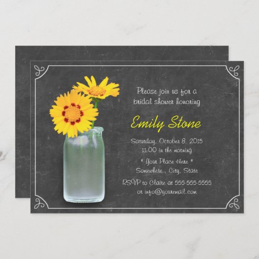 Rustikales Daisy & Mason Jar Chalkboard Brautparty Einladung (Vorne/Hinten)