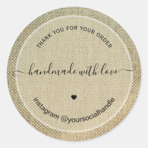 Rustikales Danke handgemacht mit Liebe beiger Lein Runder Aufkleber