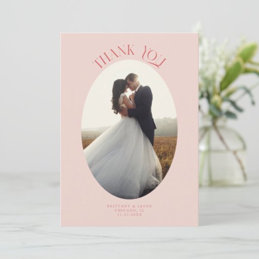 Rustikales Dankeschön an Oval Frame Pink Hochzeits Dankeskarte (Stehend Vorderseite)