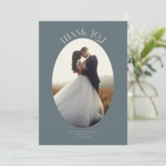 Rustikales Dankeschön an Oval Frame Slate Wedding Dankeskarte (Stehend Vorderseite)