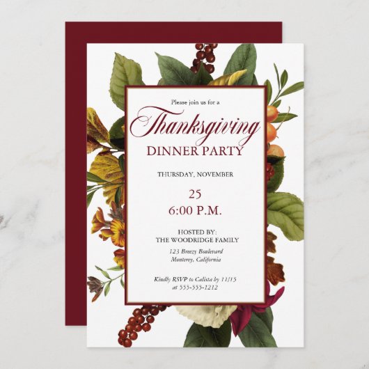 Rustikales Dark Floral Bouquet Erntedank Dinner Einladung (Vorne/Hinten)