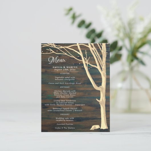 Rustikales "Dark Wood Winter Tree Wedding Menu" (Stehend Vorderseite)