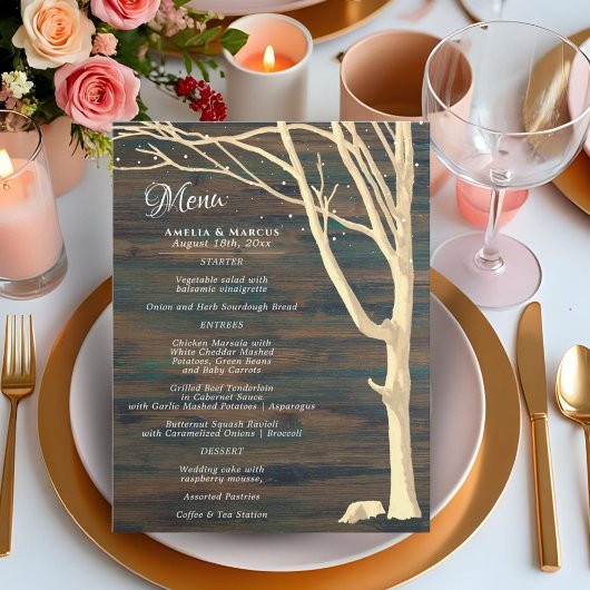 Rustikales "Dark Wood Winter Tree Wedding Menu"