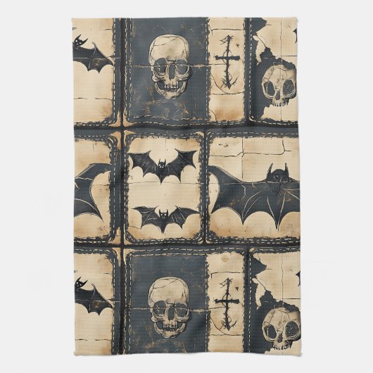 Rustikales Denim Halloween Patchwork-Muster Geschirrtuch (Vertikal)