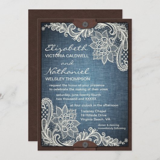 Rustikales Denim Lace & Leather Wedding Einladung (Vorne/Hinten)