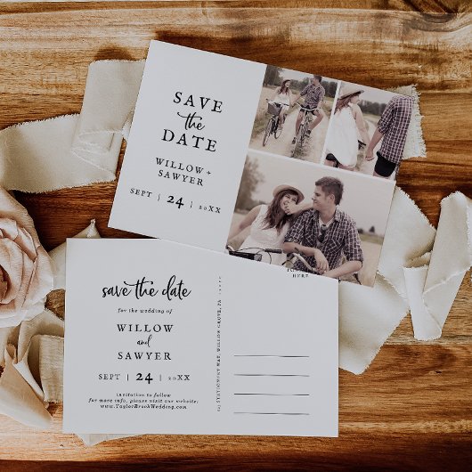 Rustikales Drehbuch 3 FotoCollage Save the Date Einladungspostkarte