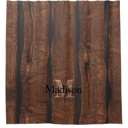 Rustikales dunkelbraunes Holz Monogram Duschvorhang (Vorderseite)