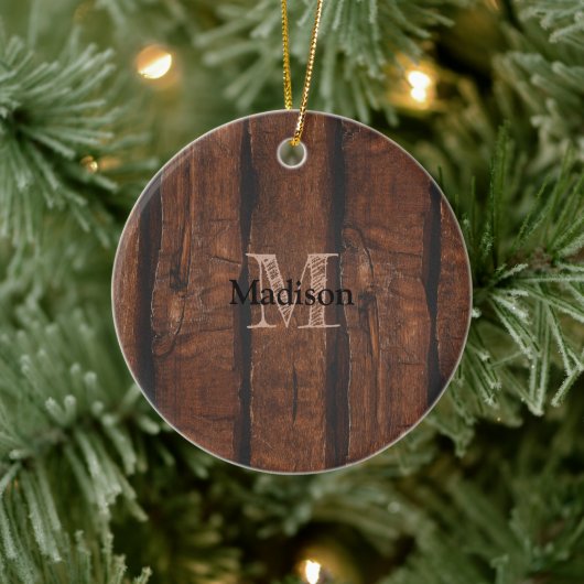 Rustikales dunkelbraunes Holz Monogram Keramik Ornament (Baum)