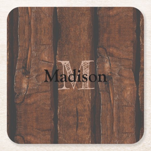Rustikales dunkelbraunes Holz Monogram Rechteckiger Pappuntersetzer (Vorderseite)