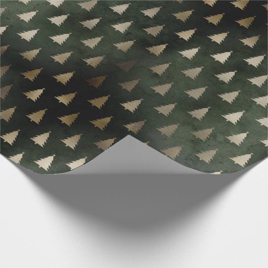 Rustikales dunkelgrünes goldenes Weihnachtsbaummus Geschenkpapier (Ecke)