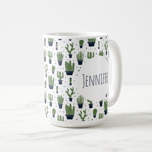 Rustikales dunkelgrünes Kaktus-Wüstenmuster Kaffeetasse (VorderseiteRechts)