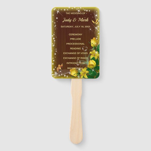Rustikales Dunkelholz-Gelb-Blütenhochzeitprogramm Fächer (Vorderseite)