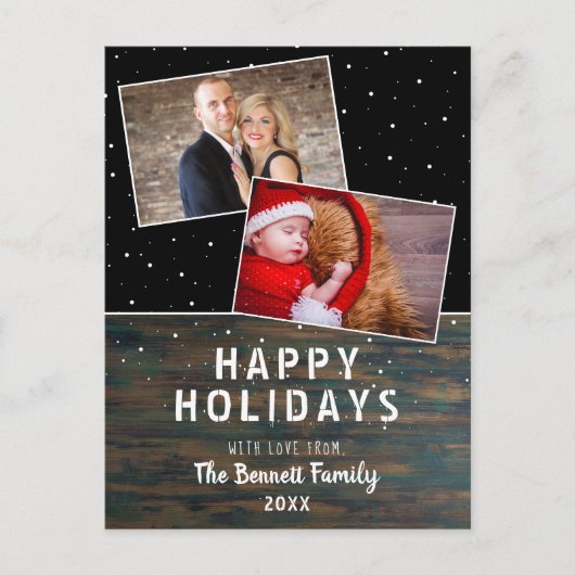 Rustikales Dunkelholz Schneeferien 2 Foto Postkarte (Vorderseite)