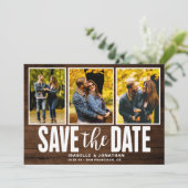 Rustikales dunkles Holz 3 FotoCollage Save The Date (Stehend Vorderseite)