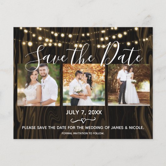 Rustikales dunkles Holz & Foto Save the Date (Vorderseite)