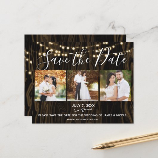 Rustikales dunkles Holz & Foto Save the Date (Vorderseite/Rückseite Beispiel)
