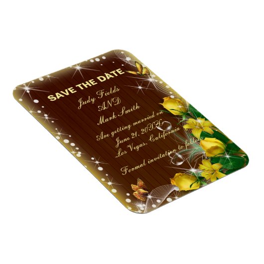 Rustikales dunkles Holz Gelbe Blüte Save the Date Magnet (Rechte Seite)