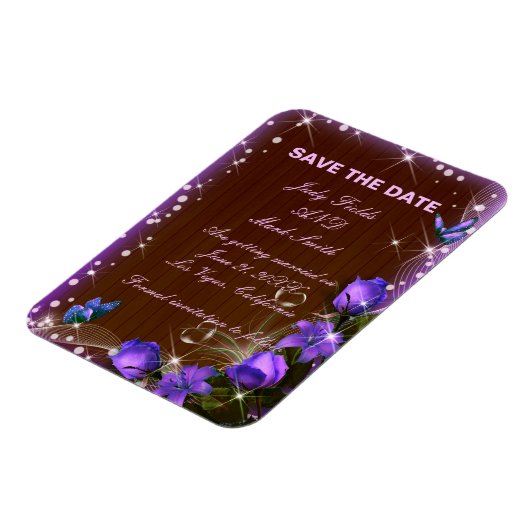 Rustikales dunkles Holz Lila Blüte Save the Date Magnet (Linke Seite)
