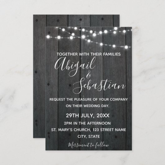 Rustikales dunkles Holz, mit String Lights. Einladung (Vorne/Hinten)