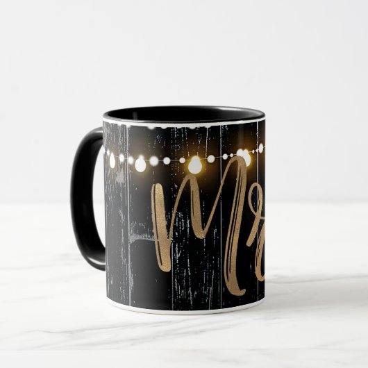 Rustikales dunkles Holz & String Lights Gold Bride Tasse (Vorderseite Links)