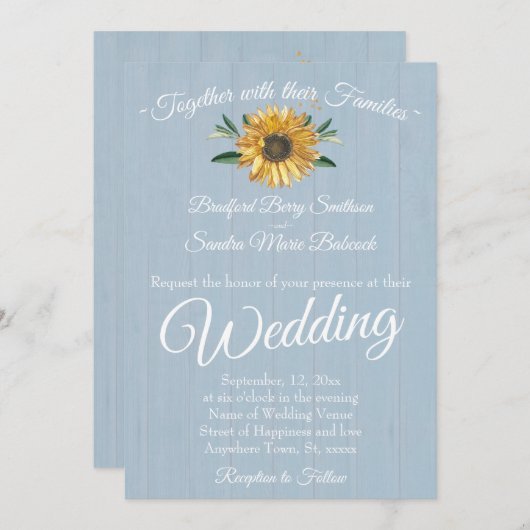 Rustikales Dusty Blue Barn Wood, Sonnenblume Weddi Einladung (Vorne/Hinten)