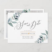 Rustikales Dusty Blue Foliage Save the Date Postkarte (Vorne/Hinten)