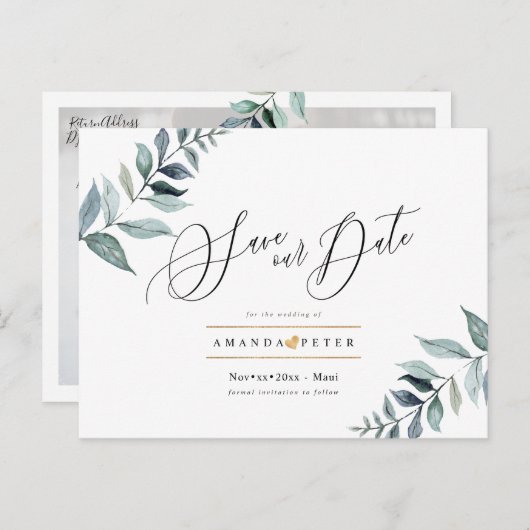 Rustikales Dusty Blue Foliage Save the Date Postkarte (Vorne/Hinten)