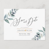 Rustikales Dusty Blue Foliage Save the Date Postkarte (Vorderseite)