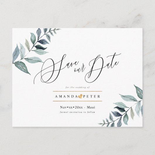 Rustikales Dusty Blue Foliage Save the Date Postkarte (Vorderseite)